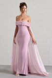 Avant Garde Blush Pink Floral Bardot Fishtail Maxi Dress With Mesh Cape