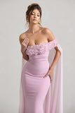 Avant Garde Blush Pink Floral Bardot Fishtail Maxi Dress With Mesh Cape