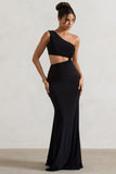 Aspyn Black Asymmetric Twisted Cut-Out Fishtail Maxi Dress