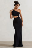 Aspyn Black Asymmetric Twisted Cut-Out Fishtail Maxi Dress