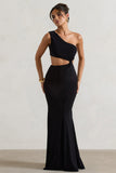 Aspyn Black Asymmetric Twisted Cut-Out Fishtail Maxi Dress