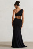 Aspyn Black Asymmetric Twisted Cut-Out Fishtail Maxi Dress