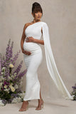 Amaryllis White Maternity One Shoulder Maxi Dress with Cape Sleeve