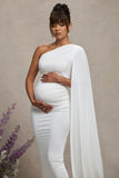 Amaryllis White Maternity One Shoulder Maxi Dress with Cape Sleeve