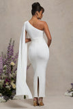 Amaryllis White Maternity One Shoulder Maxi Dress with Cape Sleeve