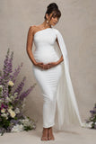 Amaryllis White Maternity One Shoulder Maxi Dress with Cape Sleeve