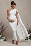 Amaryllis White Maternity One Shoulder Maxi Dress with Cape Sleeve