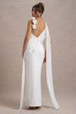 Angeline White Chiffon Draped Split Maxi Dress With Corsages