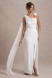 Angeline White Chiffon Draped Split Maxi Dress With Corsages