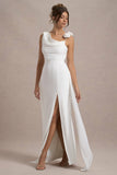 Angeline White Chiffon Draped Split Maxi Dress With Corsages