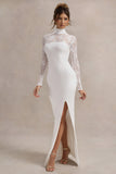 Arden White High-Neck Split Maxi Dress With Lace Sleeves