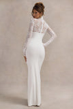 Arden White High-Neck Split Maxi Dress With Lace Sleeves