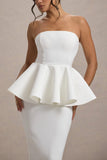 First Dance White Bandeau Peplum Midi Dress