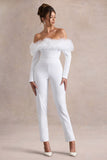 Ales White Bardot Tailored Straight-Leg Jumpsuit With Feather Trim
