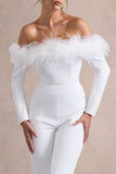 Ales White Bardot Tailored Straight-Leg Jumpsuit With Feather Trim