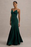 Ashly Bottle Green Satin Maxi Dress With Volume Hem