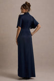 Audley Navy Satin High-Neck Flutter-Sleeve Maxi Dress