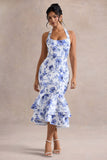 Arla Blue Floral Print Halter-Neck Ruffle Trim Midi Dress