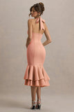 Arla Pink Halter Neck Ruffle Trim Midi Dress