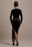 Arcadia Black Velvet Plunge-Neck Wrap Midi Dress