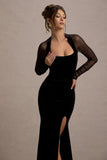Apres Black Velvet Bodycon Split Maxi Dress With Sheer Sleeves