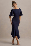 Ashling Navy Flutter-Sleeve Hanky-Hem Midi Dress