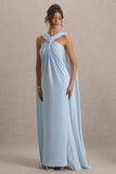 Ariana Powder Blue Cross-Neck Maxi Dress With Cape