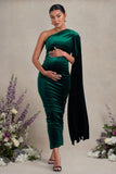 Amaryllis Bottle Green Velvet Maternity One Shoulder Maxi Dress with Cape Sleeve