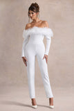 Ales White Bardot Tailored Straight-Leg Jumpsuit With Feather Trim
