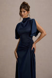 Audley Navy Satin High-Neck Flutter-Sleeve Maxi Dress