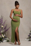 Avril Olive Square Neck Maternity Maxi Dress with Split