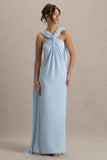 Ariana Powder Blue Cross-Neck Maxi Dress With Cape
