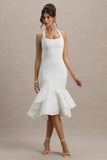 Arla White Halter Neck Ruffle Trim Midi Dress