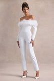 Ales White Bardot Tailored Straight-Leg Jumpsuit With Feather Trim
