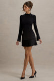 Athena Black Long-Sleeve Mini Dress With Pleated Hem