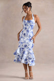 Arla Blue Floral Print Halter-Neck Ruffle Trim Midi Dress