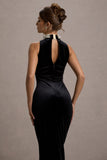 Audrine Black Velvet Embellished High-Neck Maxi Dress
