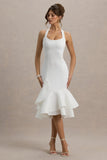 Arla White Halter Neck Ruffle Trim Midi Dress