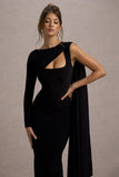 Ashini Black One-Sleeve Maxi Dress With Cape