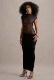 Asia Black Sheer Short-Sleeve Draped Maxi Dress