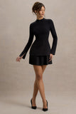 Athena Black Long-Sleeve Mini Dress With Pleated Hem