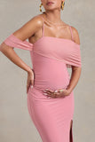 Augusta Blush Pink Mesh Bardot Strappy Split Maternity Maxi Dress