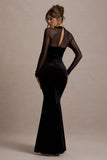 Apres Black Velvet Bodycon Split Maxi Dress With Sheer Sleeves