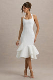 Arla White Halter Neck Ruffle Trim Midi Dress