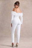 Ales White Bardot Tailored Straight-Leg Jumpsuit With Feather Trim