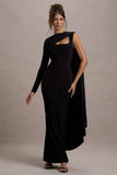 Ashini Black One-Sleeve Maxi Dress With Cape
