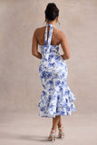 Arla Blue Floral Print Halter-Neck Ruffle Trim Midi Dress
