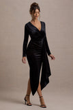 Arcadia Black Velvet Plunge-Neck Wrap Midi Dress