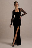 Apres Black Velvet Bodycon Split Maxi Dress With Sheer Sleeves