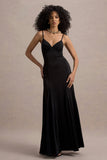 Ashly Black Satin Maxi Dress With Volume Hem
